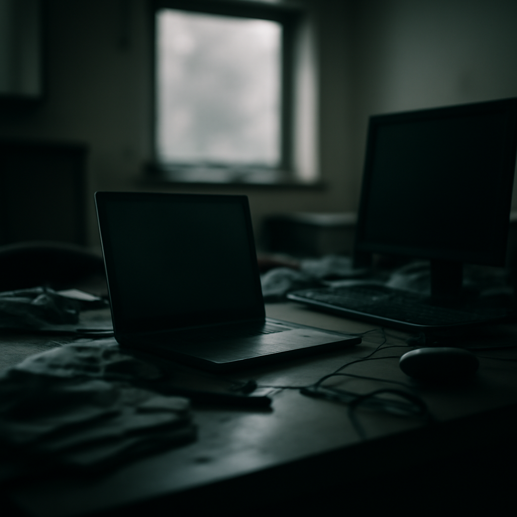 Cluttered office workstation with laptop and peripherals, dimly lit with blurred screens.
