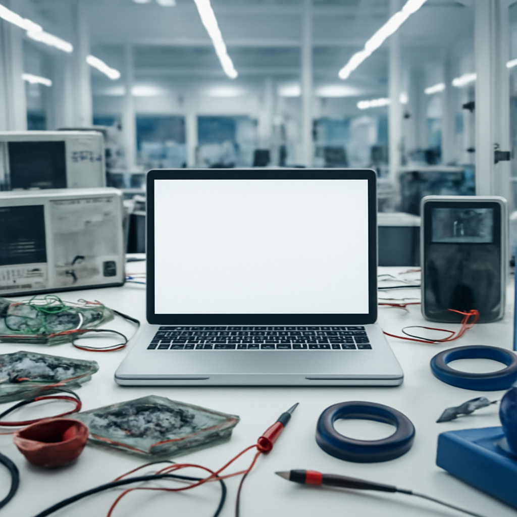 Cluttered workspace with laptop and technical instruments in a modern research facility.