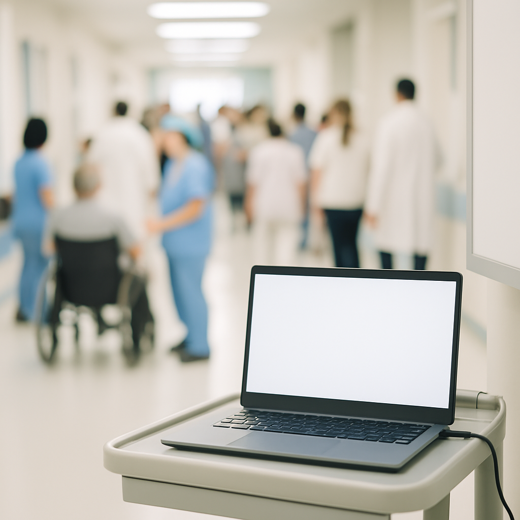 Laptop workstation in a brightly-lit hospital corridor with medical equipment and computers in the background.