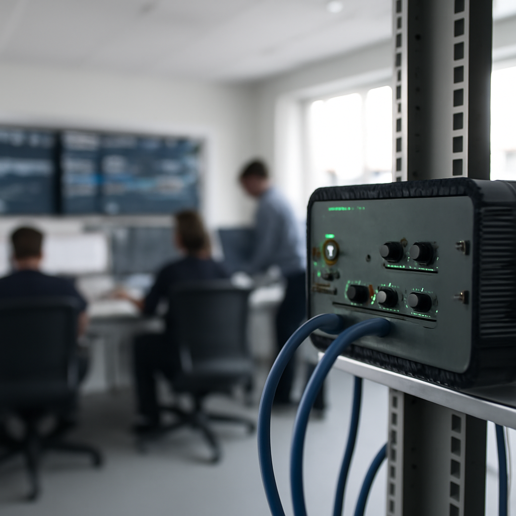 Technicians work in a network operations center with industrial equipment and computers in the foreground.