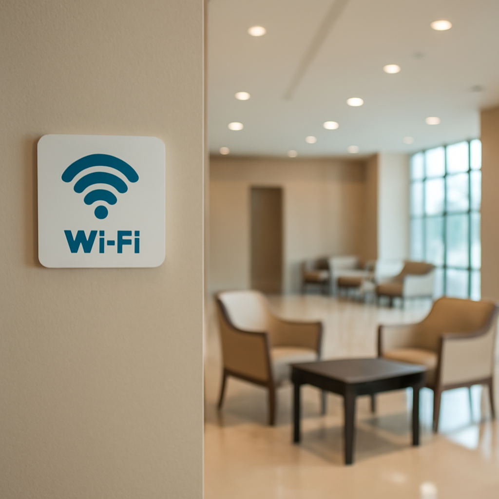 Public Wi-Fi access point in a brightly-lit hotel lobby with surrounding furniture and large window.