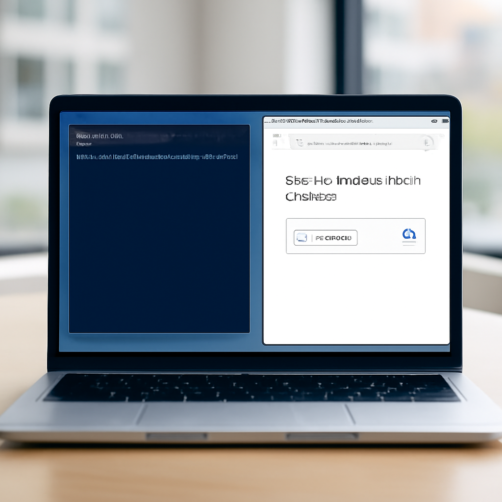 Windows Terminal or PowerShell window on laptop with fake CAPTCHA prompt on compromised website in background.