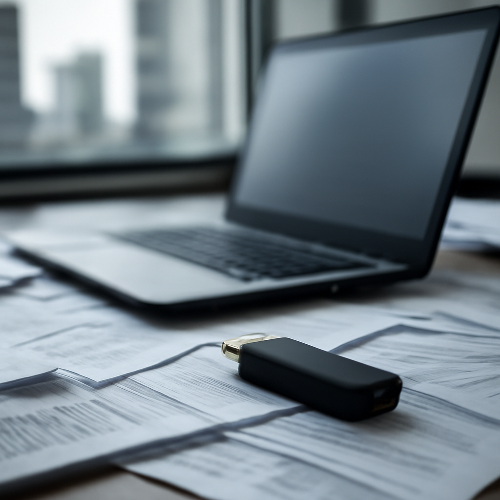 USB drive plugged into a laptop on a cluttered office desk with cityscape in background.