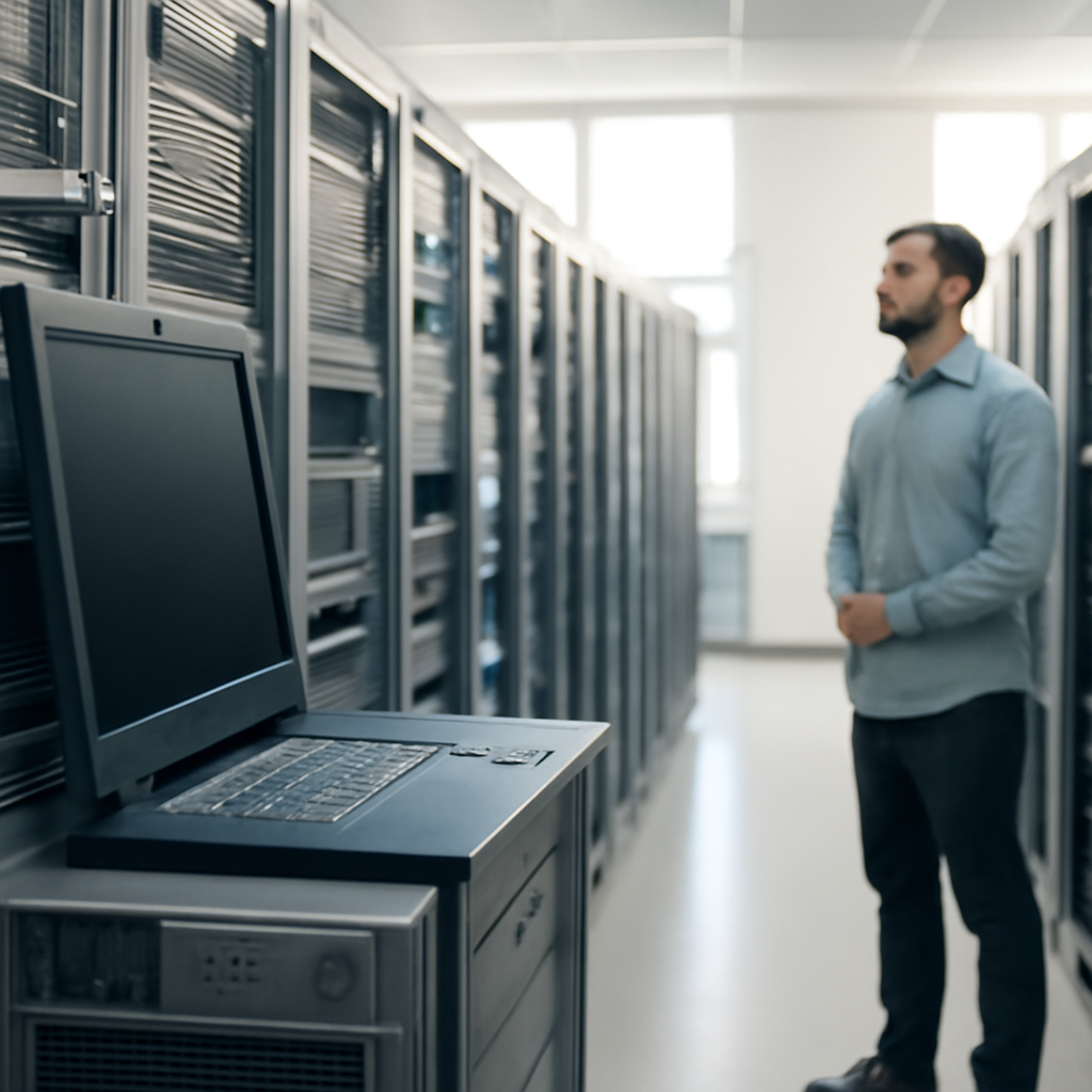 Server room with rows of computer servers and IT staff in the background.