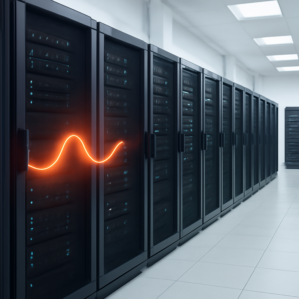 Rows of computer servers in a data center with subtle, glowing lines on some units.