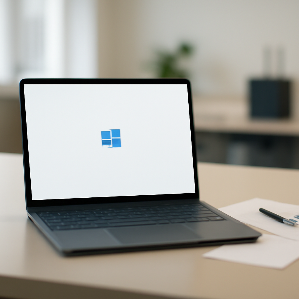 Windows laptop on a desk with a blank screen, surrounded by papers and a pen, conveying a sense of vulnerability.