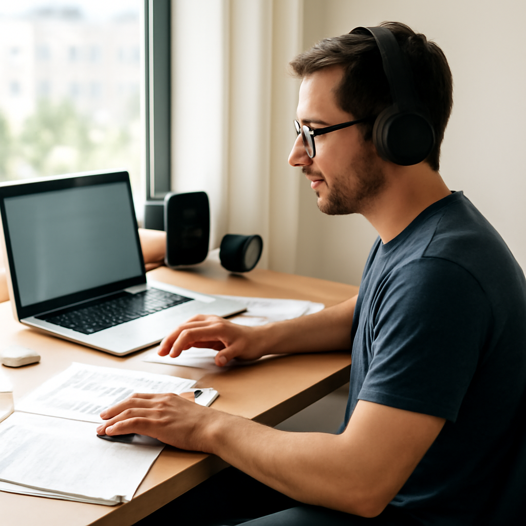 Person working on laptop in home office with cityscape background.