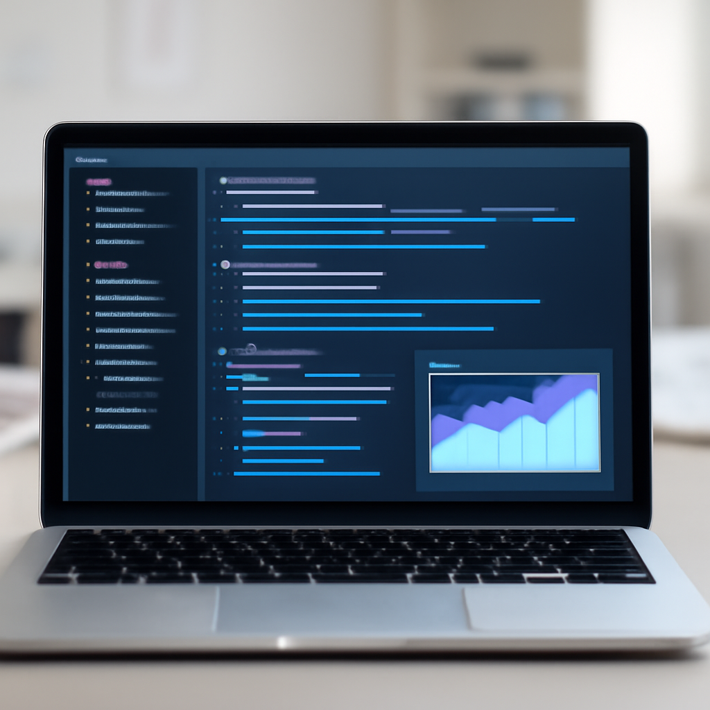 Modern software development setting with a laptop displaying a graphical interface on a neutral surface.