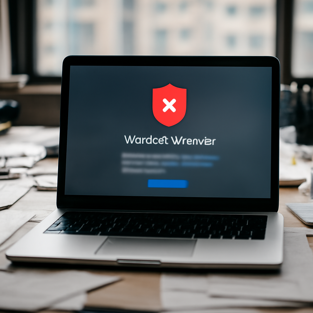 Windows Defender error message on laptop screen in cluttered home office setting.