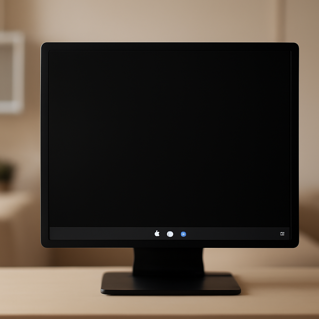 Windows desktop with solid black background on a softly lit office workspace.
