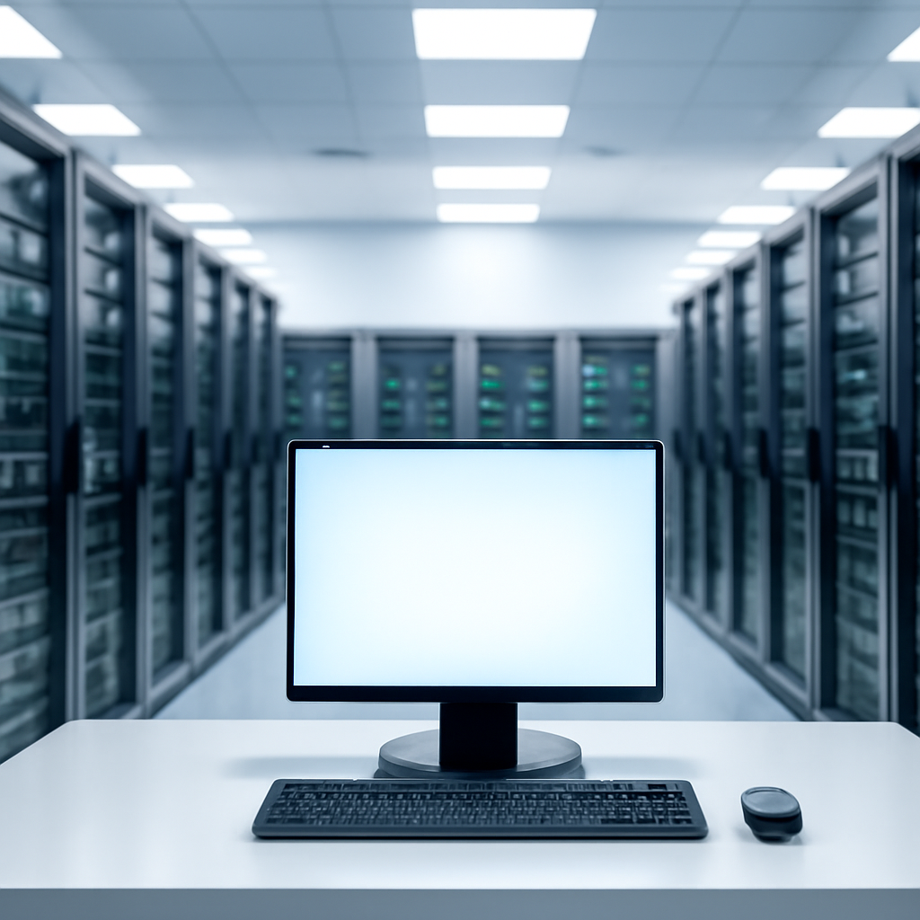 Secure server room with rows of computer servers and a single workstation in the foreground.