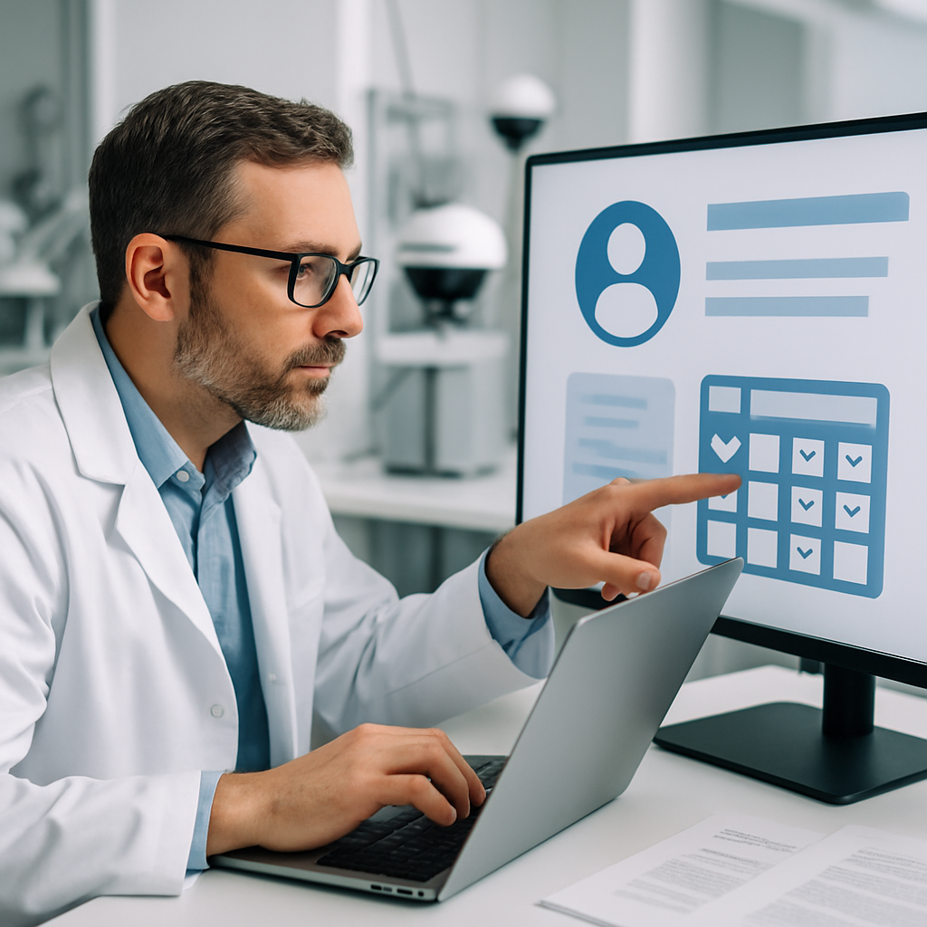 Security expert examines laptop in lab setting with tech equipment and AI hints.