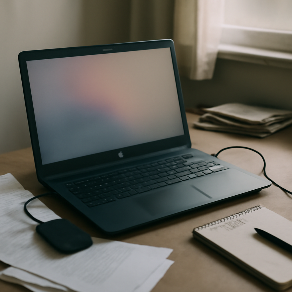 Cluttered home office desk with laptop, external hard drive, and scattered papers in soft natural daylight.