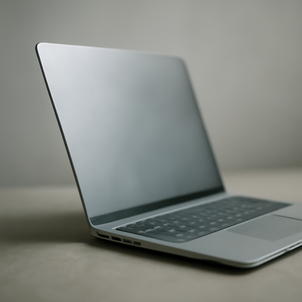 Close-up of a Microsoft Surface laptop on a neutral surface with lid slightly ajar.