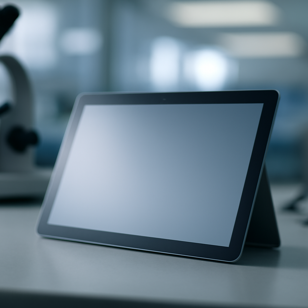Microsoft Surface device on a well-lit workbench with a blank screen.