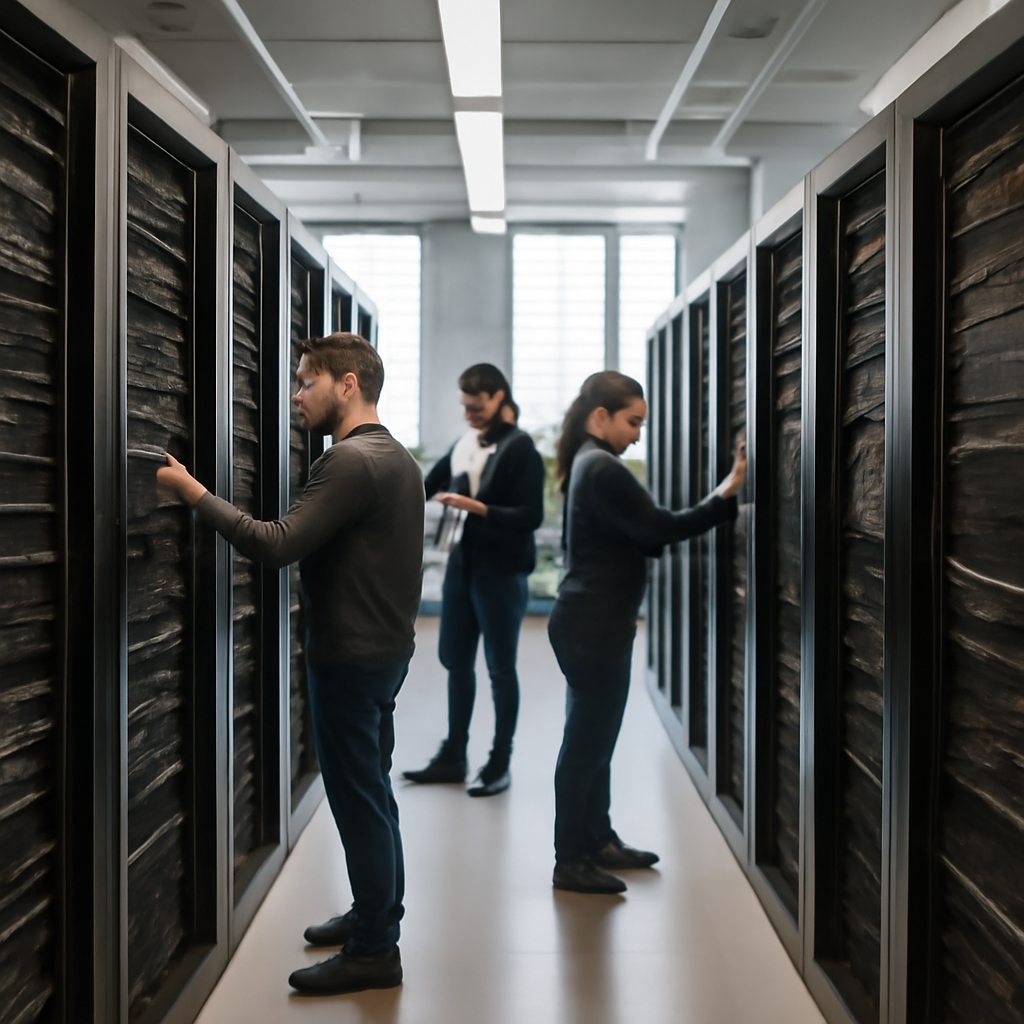 Technicians monitor rows of computer servers and networking equipment in a data center.