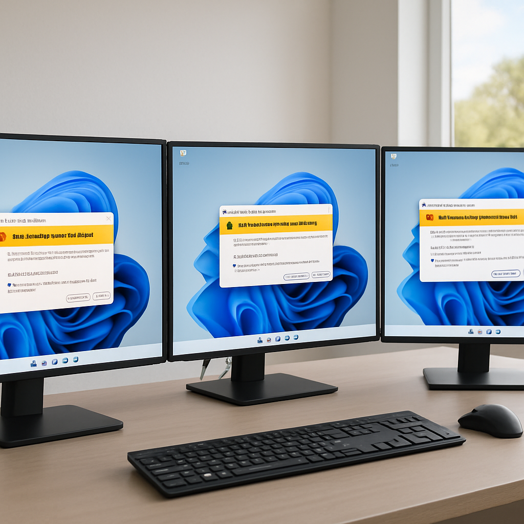 Multi-monitor workstation with Remote Desktop security warnings on each screen.