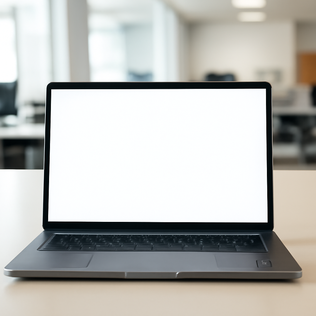 Laptop screen on a desk in an office setting with a subtle security logo.
