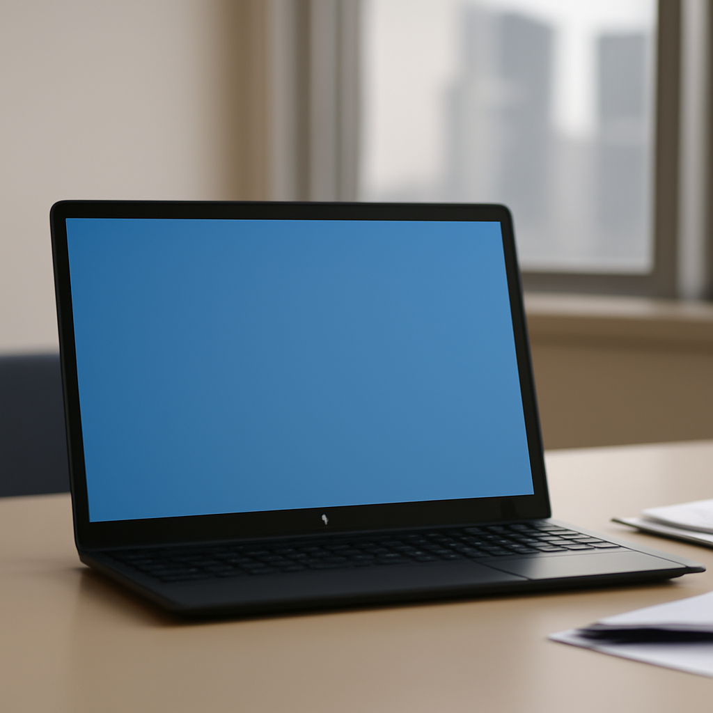 Laptop screen displays blank blue background on office desk near window with city view.