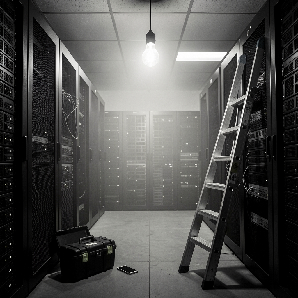 Server room with faint glow, flickering light bulb, and technician's toolbox nearby.