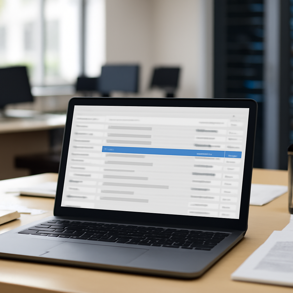 Office setting with laptop showing blurred email inbox on screen.
