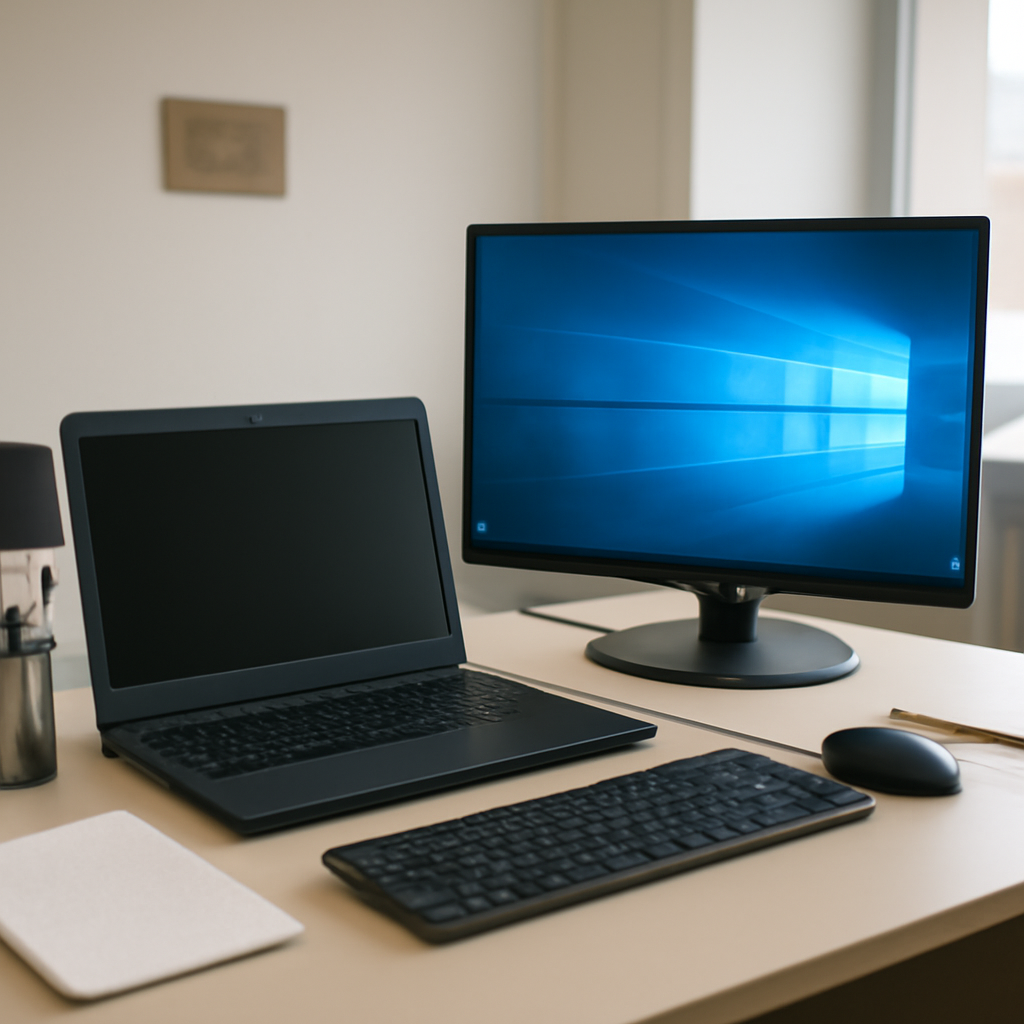 Windows computer setup on an office desk with a blank laptop screen and generic desktop background.