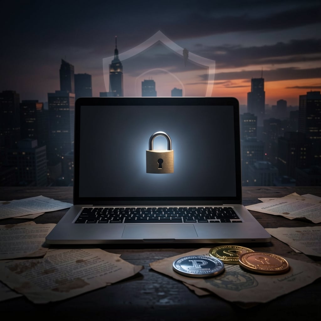 Padlocked laptop screen with faint glow, surrounded by outdated papers and new security tokens, against a dark cityscape…