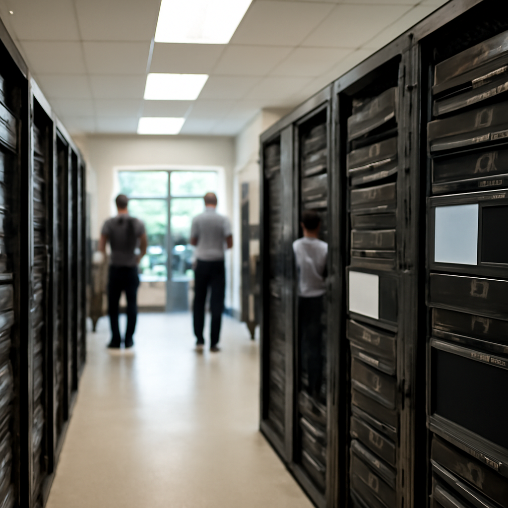 Server room interior with rows of rack-mounted servers and IT staff in the background near a large window.