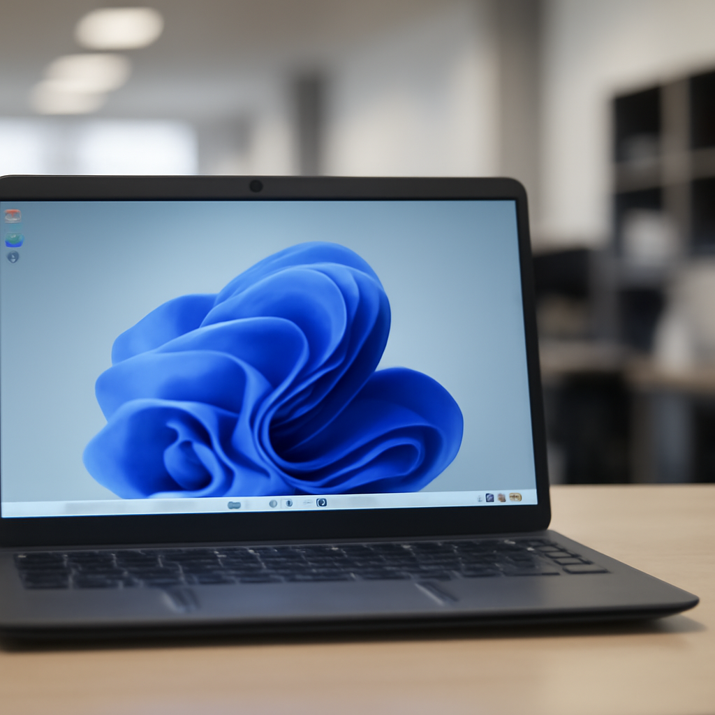 Windows 11 laptop screen on a clean desk with a softly lit office background.