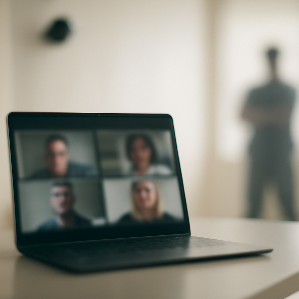 Blurred laptop screen on a minimalist desk shows a Microsoft Teams meeting, with a subtle gatekeeper figure in the…