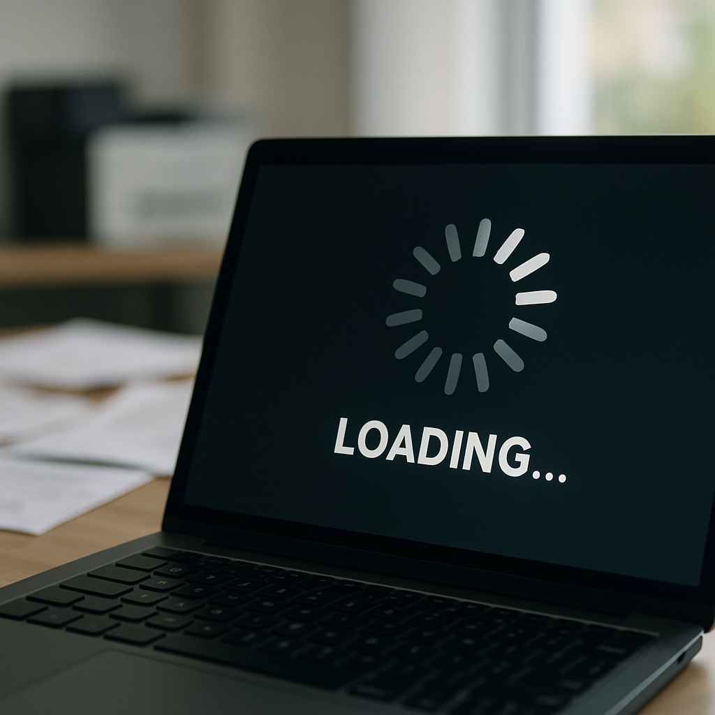 Laptop screen displays loading animation amidst blurred office workspace with printer and papers, suggesting disrupted…
