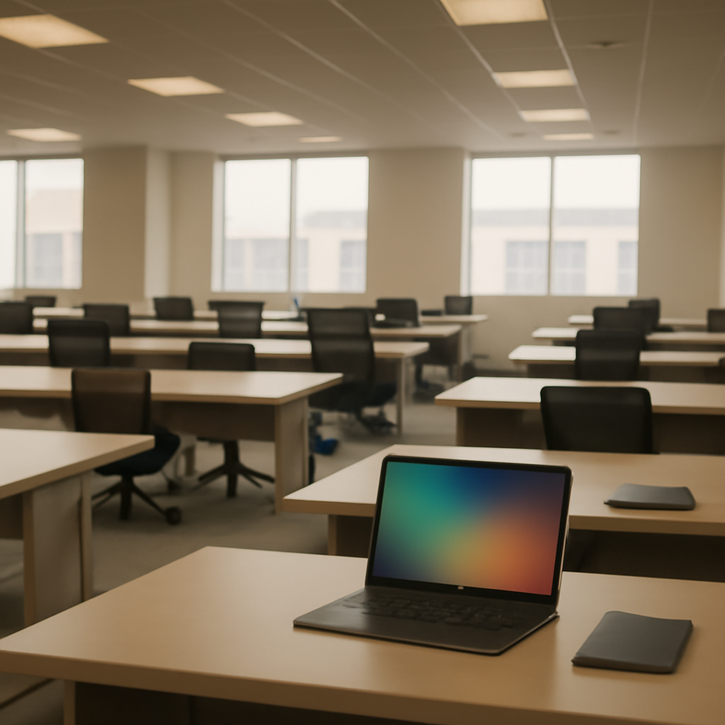 Empty corporate office space with scattered laptops and tablets on desks.