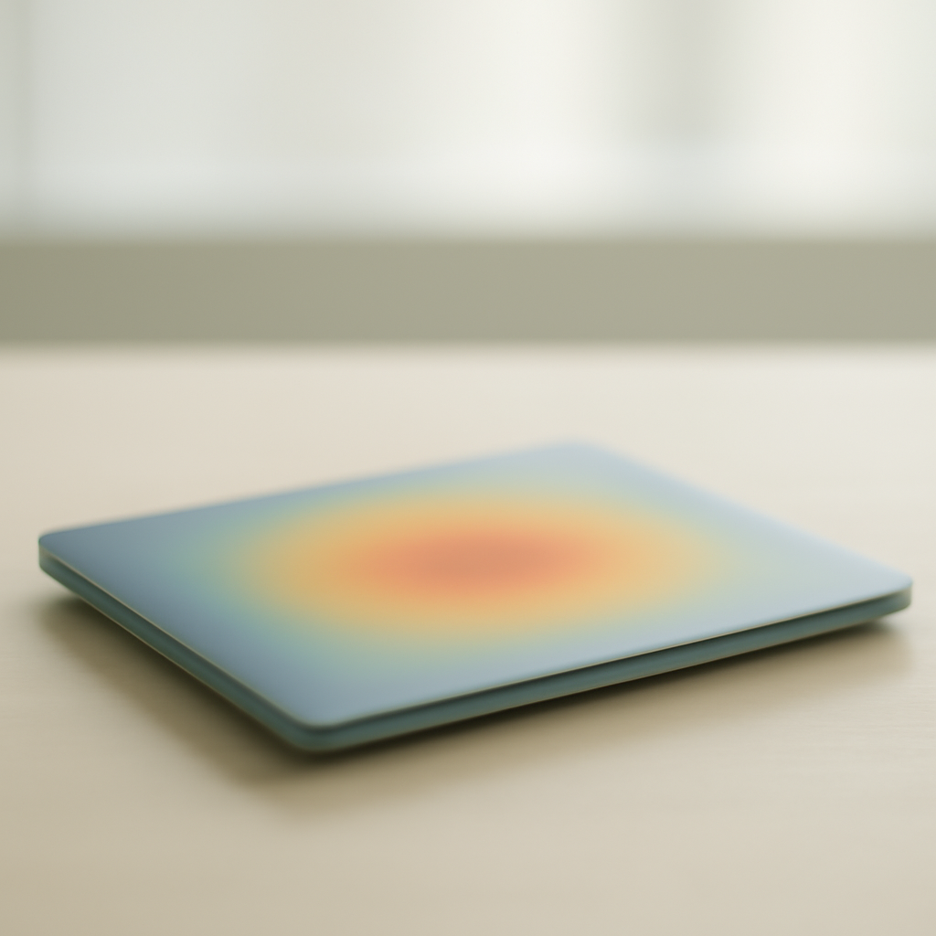 Laptop with closed lid on a plain surface shows a faint heat gradient.
