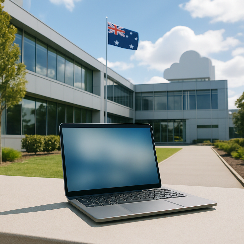 Modern Australian technology facility with large window and natural light, hint of cloud infrastructure in background.