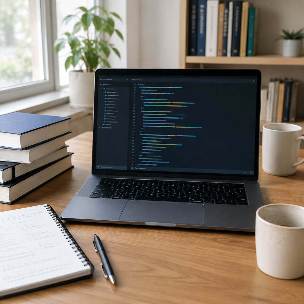 A cluttered coding workspace with a computer, books, and notes in a neutral office setting.
