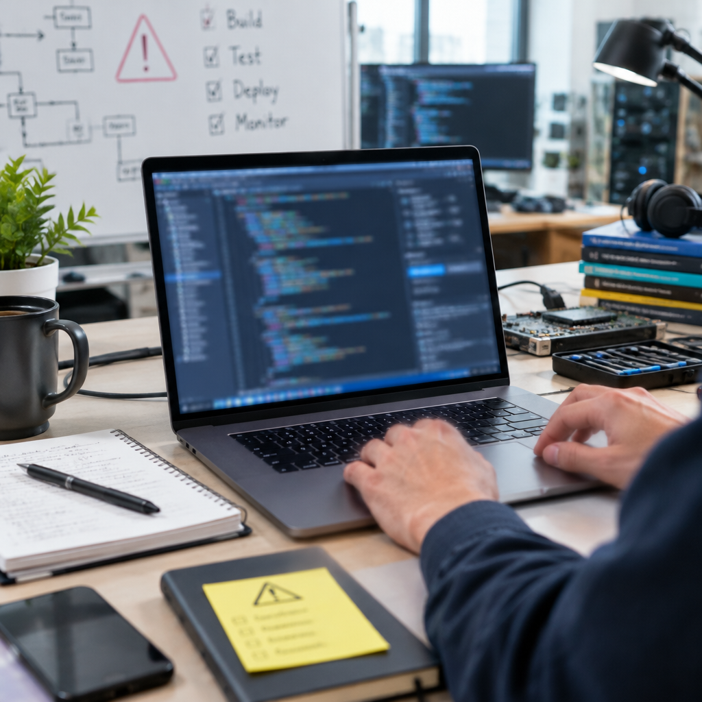 Software development lab with laptop and tools, code on screen blurred.