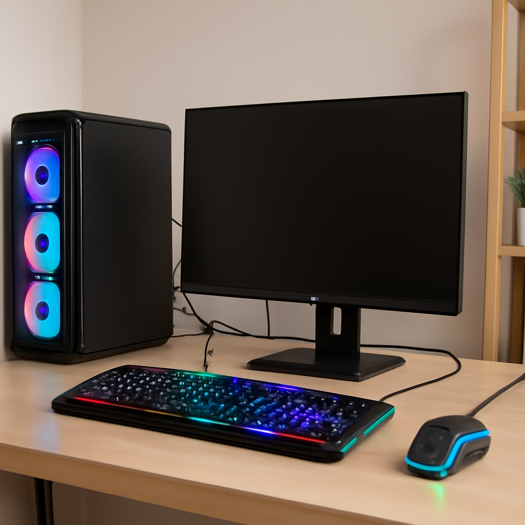 A well-lit home office gaming setup with RGB-lit peripherals and cables on a neutral background.