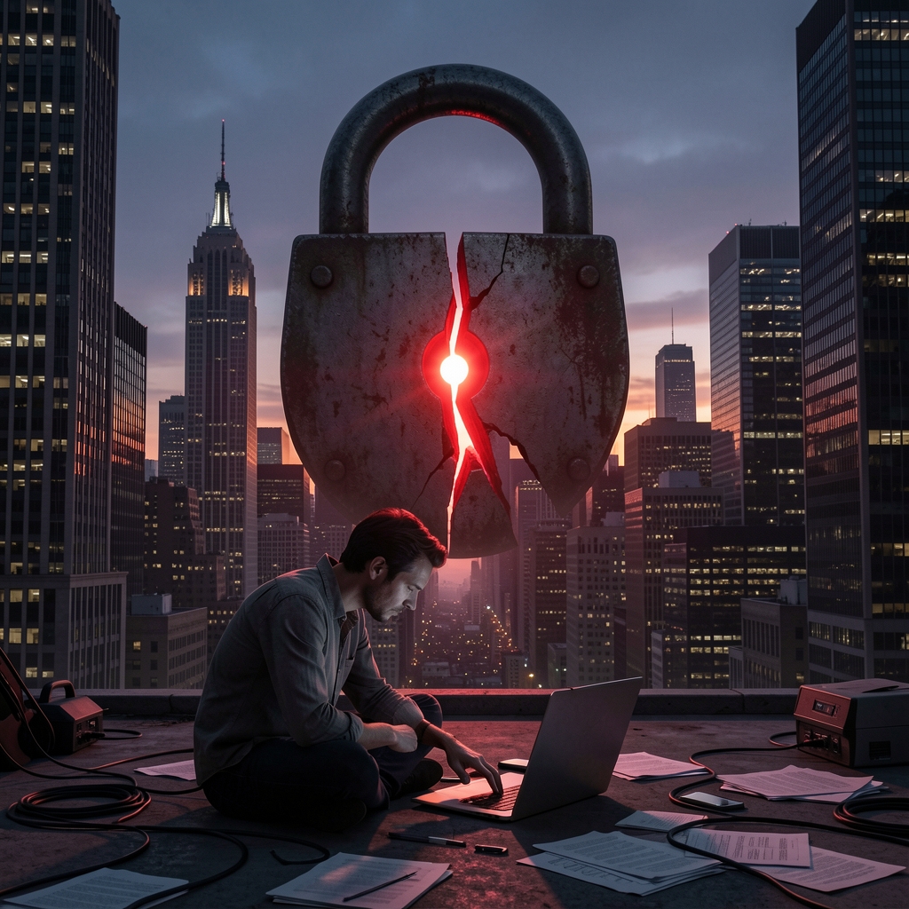 Cityscape at dusk with a lone figure working on a laptop, ominous lock looming in background with glowing red crack.