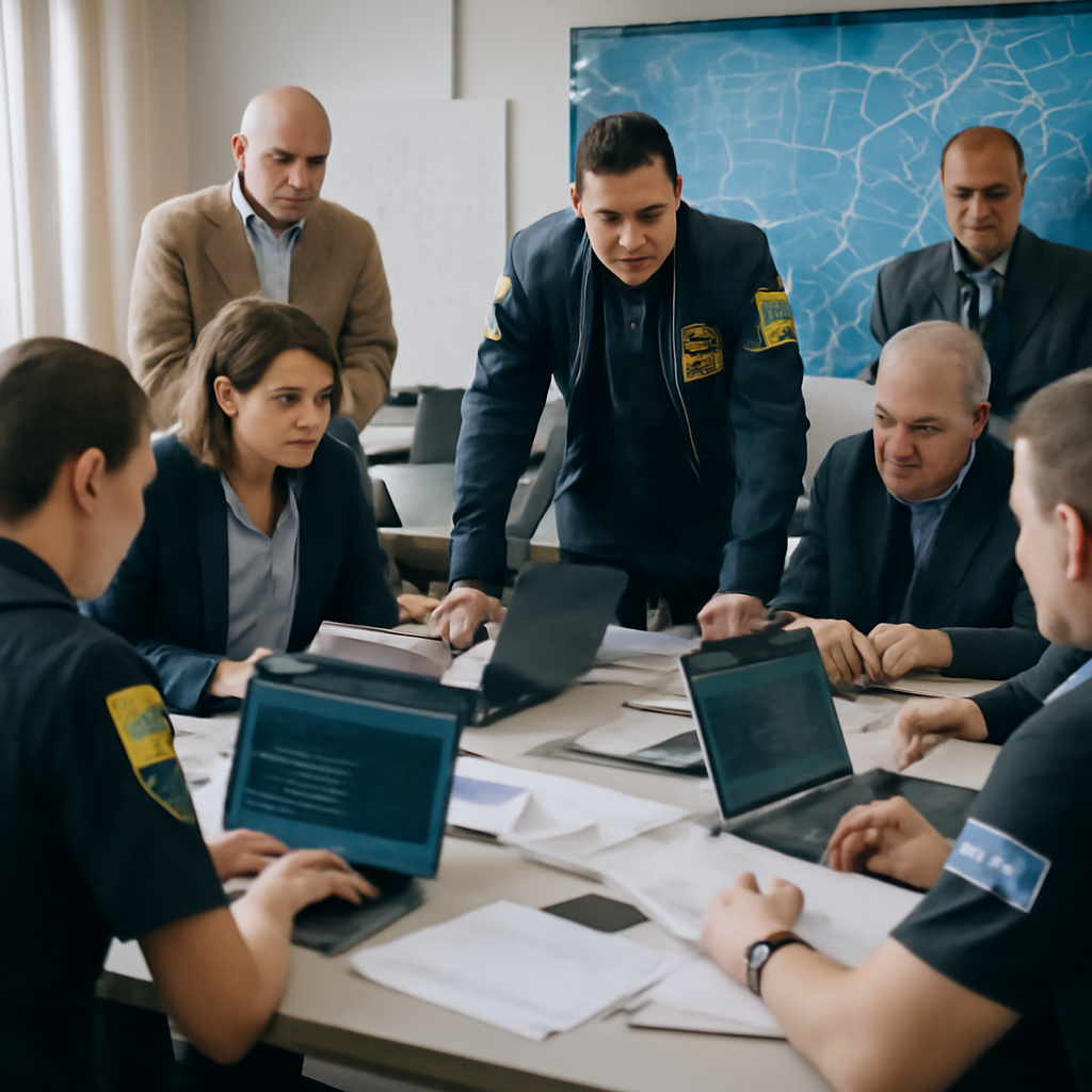 Law enforcement officials from various agencies gather in a briefing room for a collaborative operation.