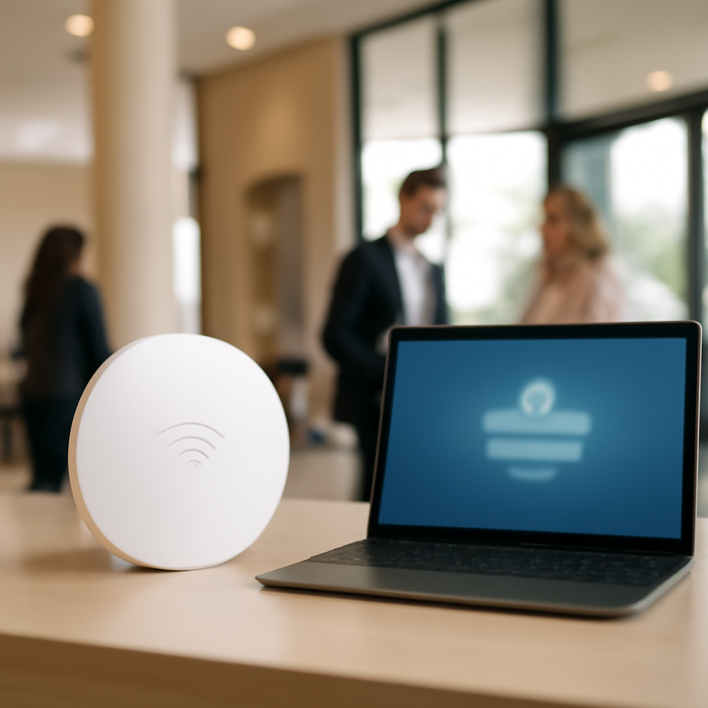 Hotel business area with people in background, focusing on Wi-Fi access point and device with login screen.