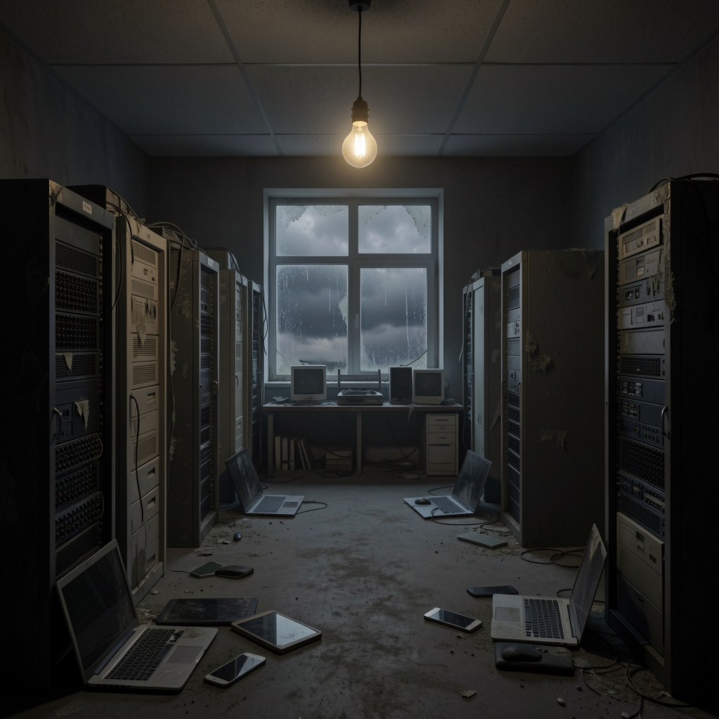 Dark, abandoned server room with outdated equipment and flickering light bulb.