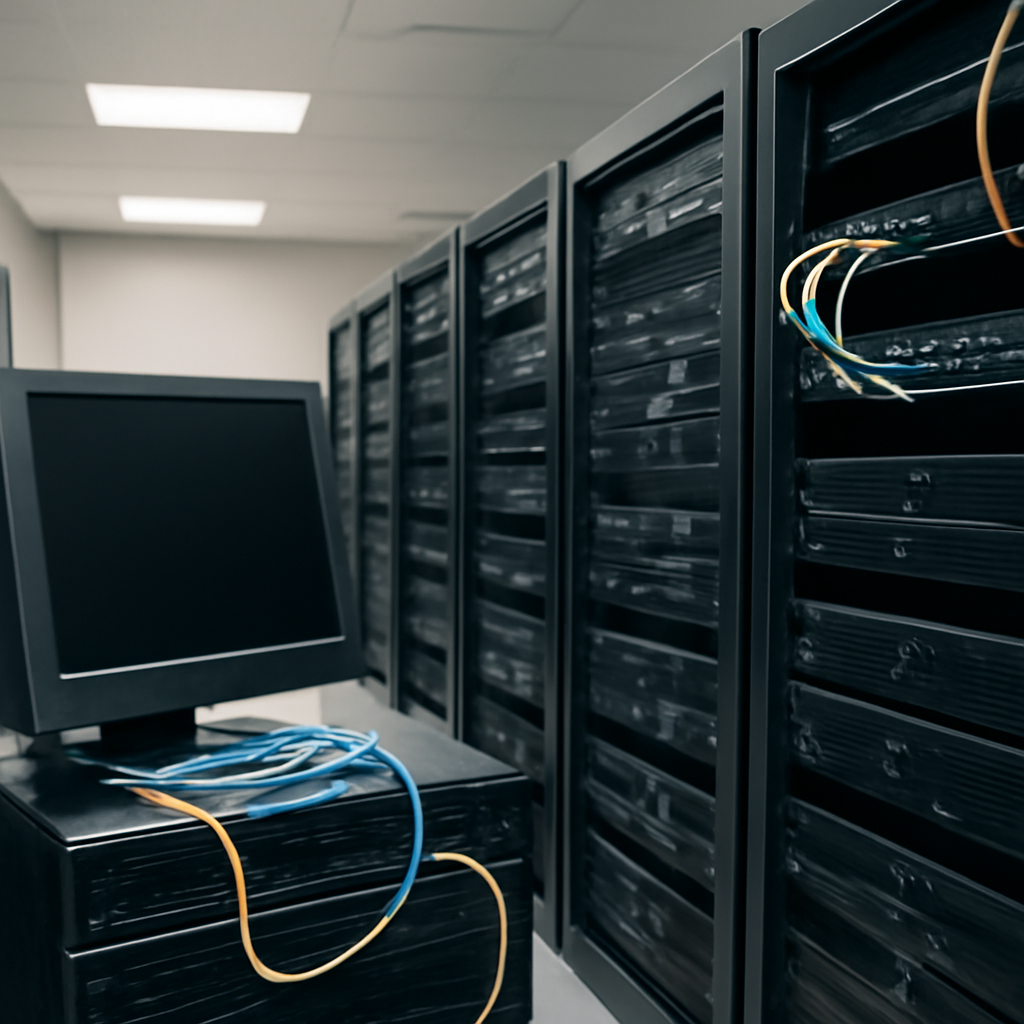 Server room interior with rows of computer servers and networking equipment.