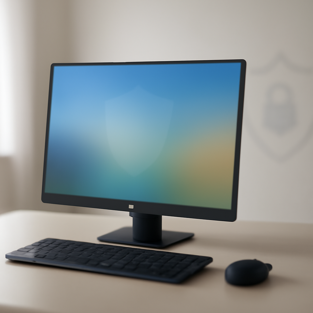 Windows desktop and laptop setup with blurred screen, featuring a subtle security symbol.