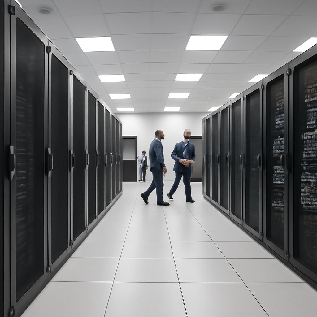 Technicians inspect rows of computer servers and networking equipment in a brightly-lit server room.