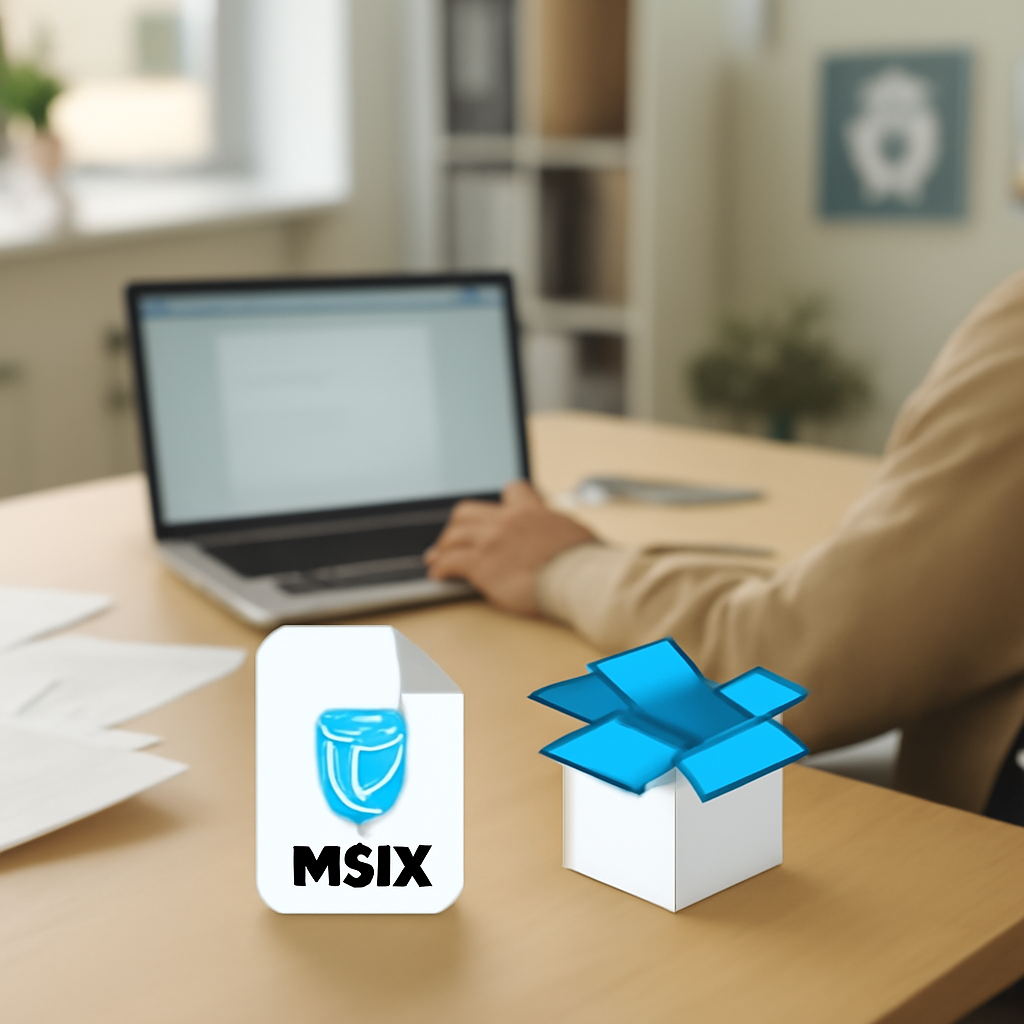 Person working at desk with laptop and scattered papers, MSIX file on desk.