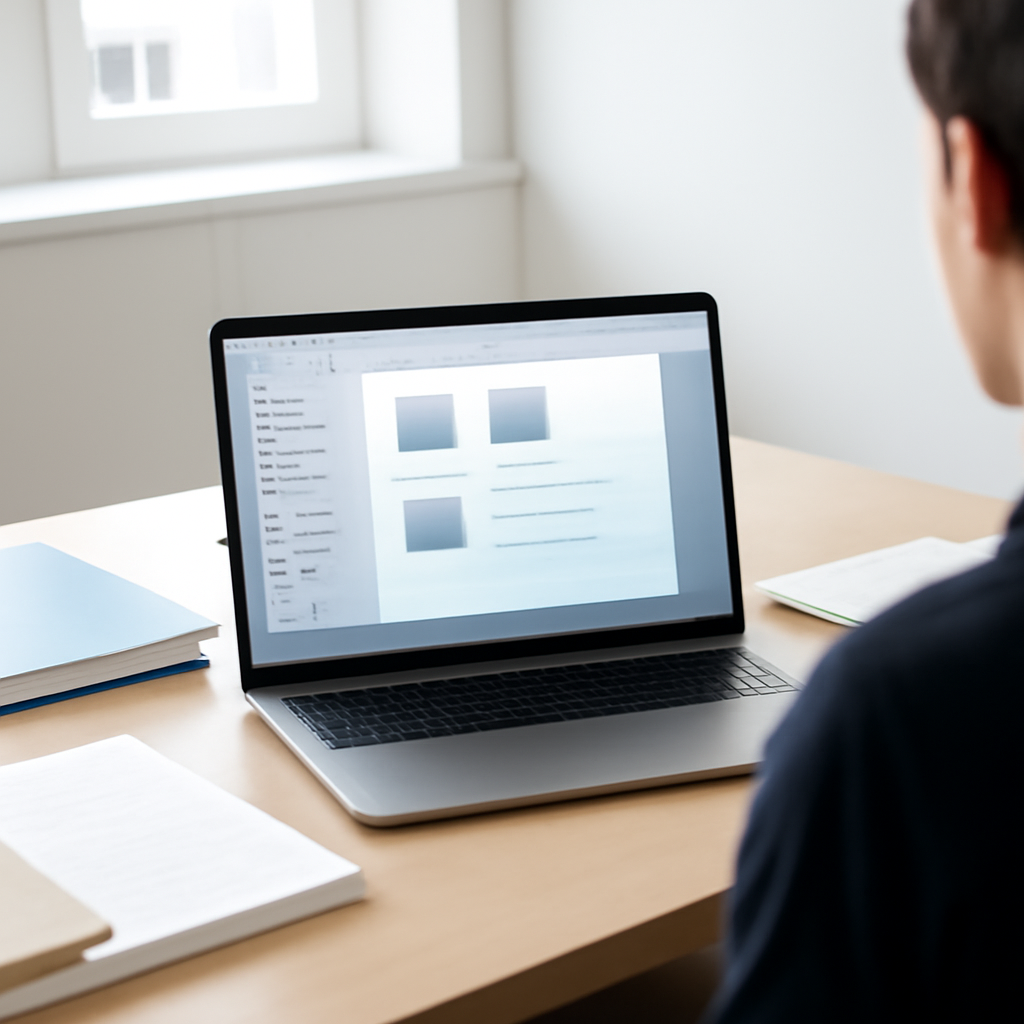 Person working on laptop in modern office with file system interface on screen.