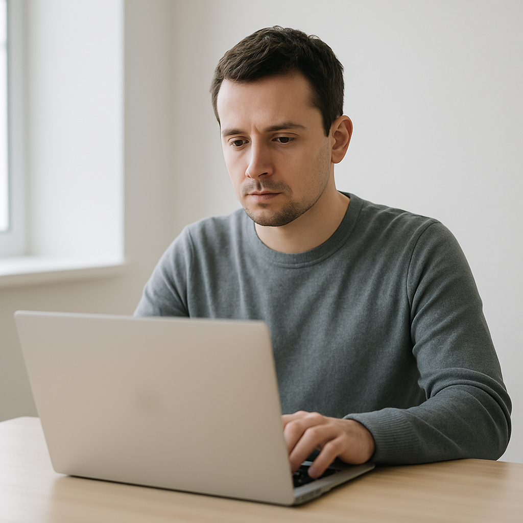 Person sits at laptop with hands on keyboard, surrounded by minimalist decor and soft daylight.