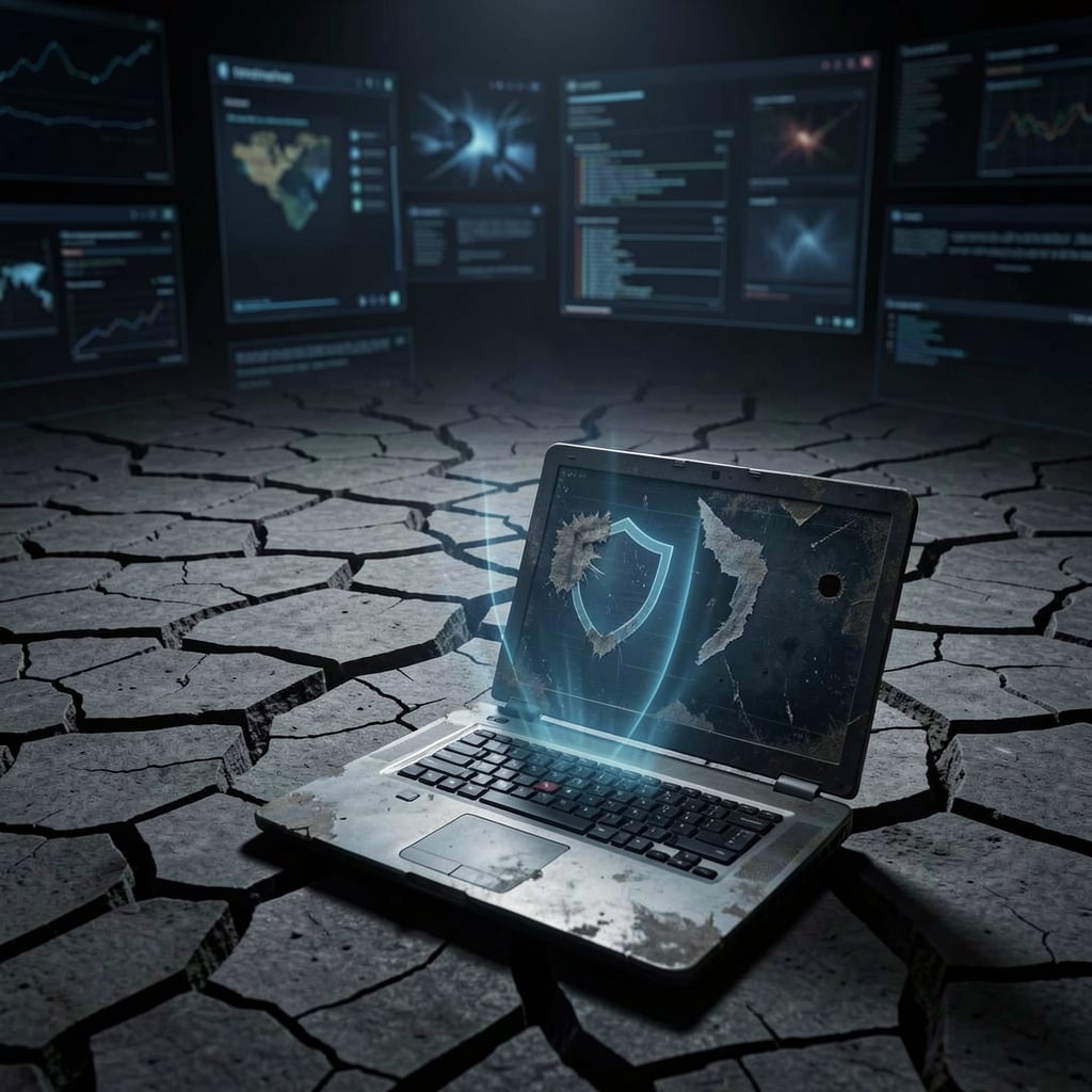 Cracked earth background with faint screens glow, and a worn laptop lies open in the foreground.