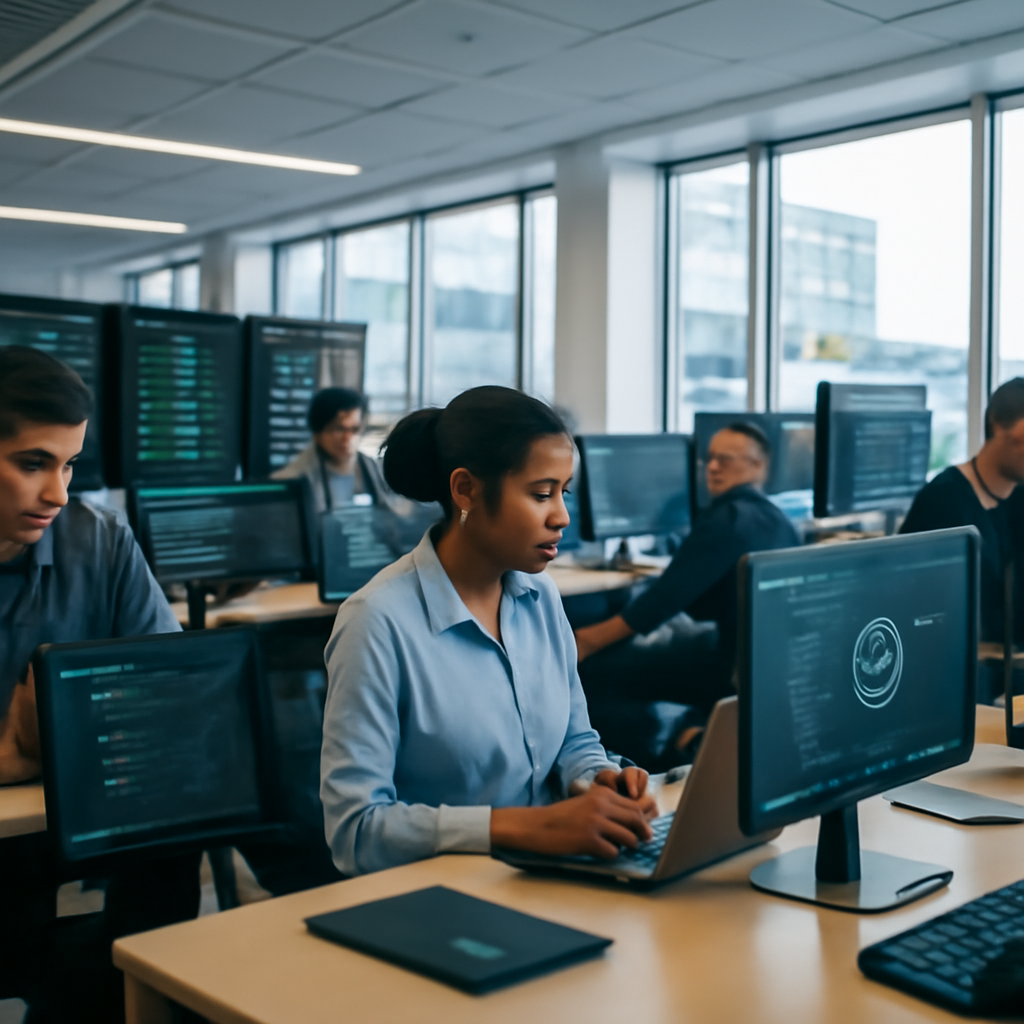 Software developers and security analysts work on computers in a brightly-lit tech facility with rows of workstations and…