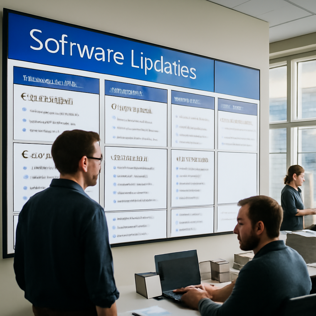Technicians oversee a large display of software updates in a Microsoft facility.